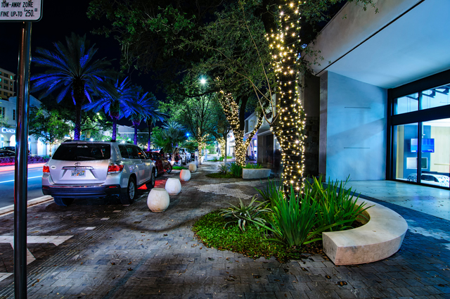 Coral Gables storefront at night