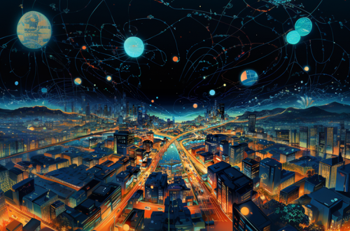 Midjourney-Discord generated AI using prompt "ar 16:9, cartoonish, detailed, solarpunk, aerial view of citscape at night with highway system packed with cars in the foreground in predominantly shades of blue, green, and orange, smart cities infrastructure elements, and small floating screens on the right side with images of AI, machine learning, construction, transportation, and urban development angled in perspective to the vanishing point" zoomed out